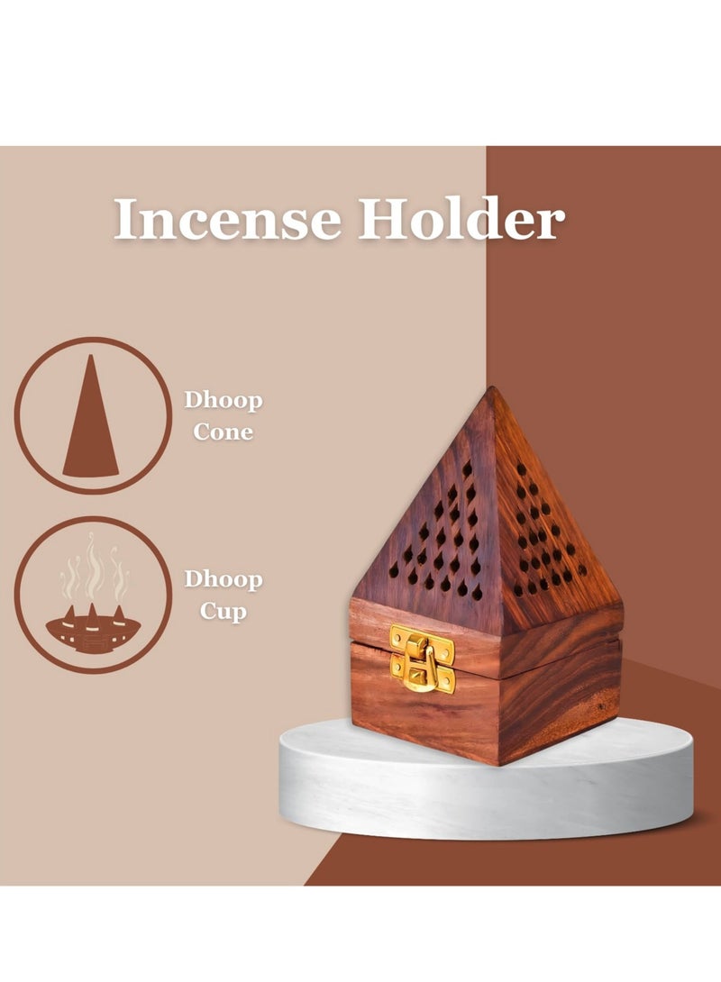 ECVV - Wooden Bakhoor Incense Burner, Pyramid Shape | Fragrance Home Decor | Ash Catcher for Aromatherapy | Meditation  (Brown, 7.5x7.5x12.7cm) Brown - Image 1