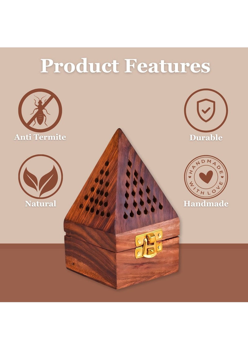 ECVV - Wooden Bakhoor Incense Burner, Pyramid Shape | Fragrance Home Decor | Ash Catcher for Aromatherapy | Meditation  (Brown, 7.5x7.5x12.7cm) Brown - Image 1