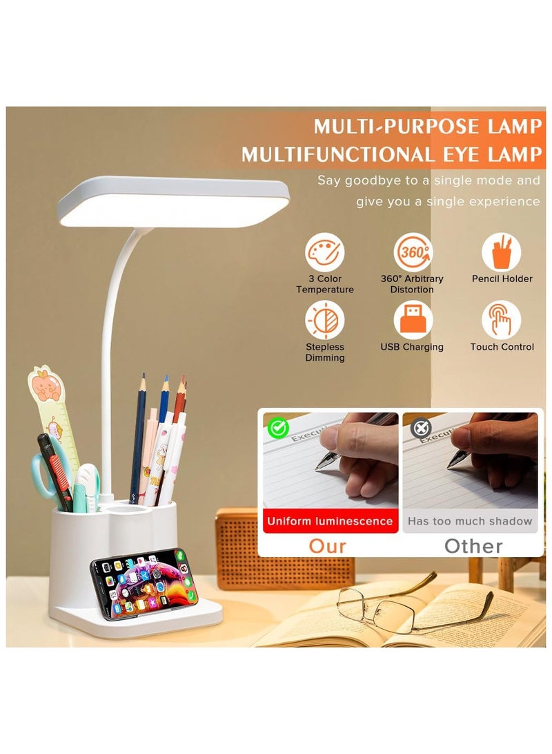ECVV LED Desk Lamp,3 Color Mode,with Pen Holder and Phone Stand,360°Flexible,Touch Control,Desk Light for Desktop,Eye-Caring,Table Lamp For Computer/Desktop,Study Lamp for Study Bedroom and Offic White  - Image 2