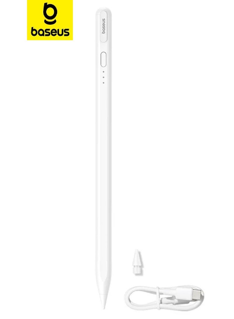 Baseus - Stylus Pen for Apple iPad 13", iPad Pro 12.9" (3rd-6th Gen), iPad Pro 11" (All Gens), iPad Air (3rd-5th Gen), iPad (10th Gen), iPad Mini (6th Gen), Wired Charging, 140mAh Battery, Gold-Plated Tip, Palm Rejection, Bluetooth, 32 Customizable Functions, Tilt Sensitivity, Magnetic Attachment Smooth Writing- White - Image 1