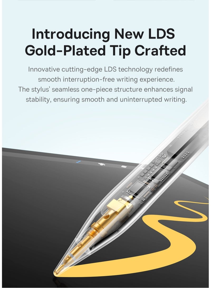 Baseus - Stylus Pen for Apple iPad 13", iPad Pro 12.9" (3rd-6th Gen), iPad Pro 11" (All Gens), iPad Air (3rd-5th Gen), iPad (10th Gen), iPad Mini (6th Gen), Wired Charging, 140mAh Battery, Gold-Plated Tip, Palm Rejection, Bluetooth, 32 Customizable Functions, Tilt Sensitivity, Magnetic Attachment Smooth Writing- White - Image 1