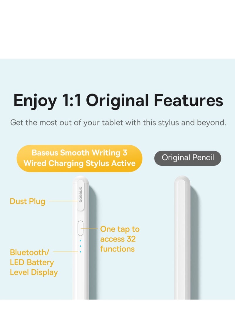 Baseus - Stylus Pen for Apple iPad 13", iPad Pro 12.9" (3rd-6th Gen), iPad Pro 11" (All Gens), iPad Air (3rd-5th Gen), iPad (10th Gen), iPad Mini (6th Gen), Wired Charging, 140mAh Battery, Gold-Plated Tip, Palm Rejection, Bluetooth, 32 Customizable Functions, Tilt Sensitivity, Magnetic Attachment Smooth Writing- White - Image 1