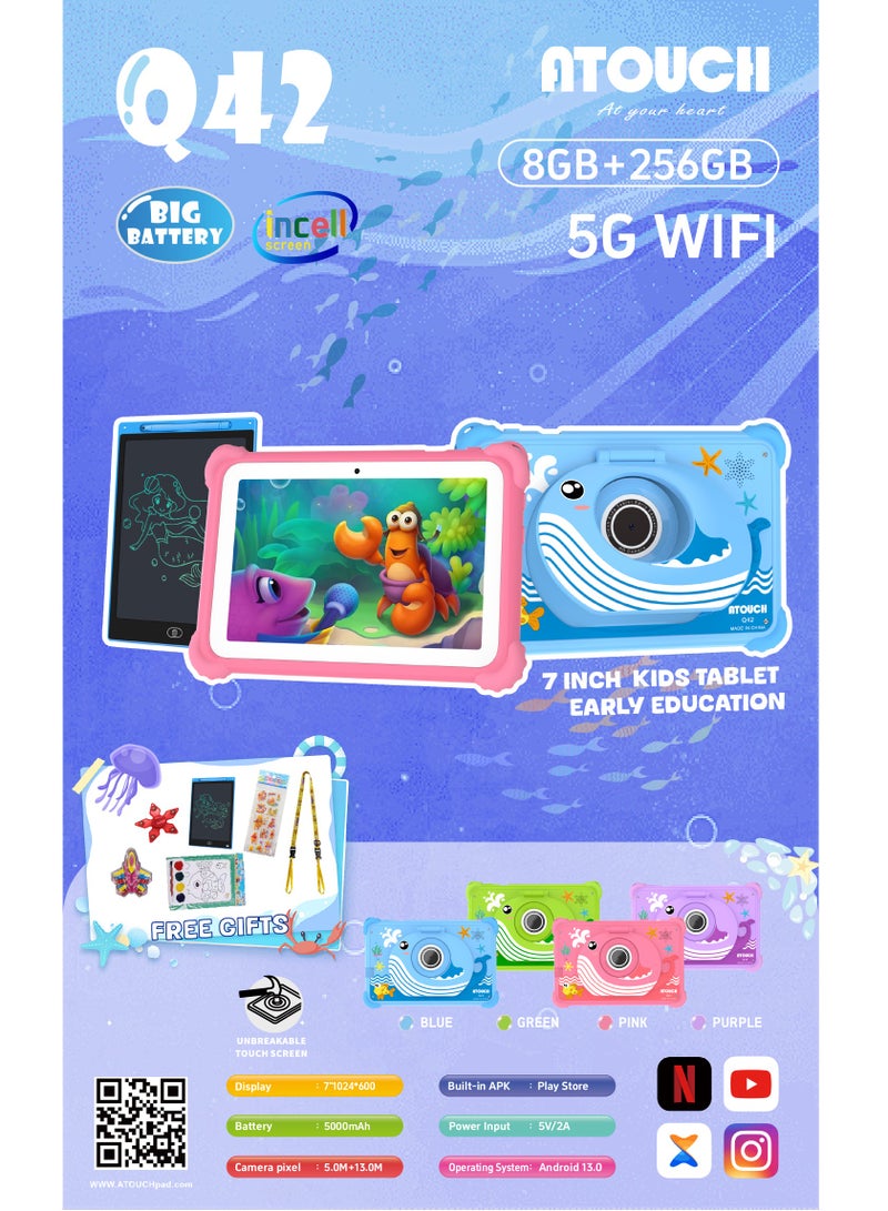 ATOUCH Q42 7-inch Kids Tablet – 5G Wi-Fi 8GB RAM 256GB ROM Incell Touch Screen Early Learning Education Tab with Built-in Stand & LCD Writing Pad - Blue  - Image 5