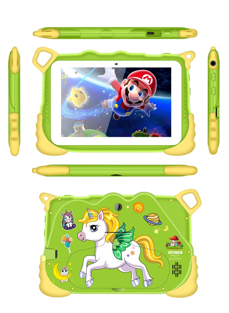 ATOUCH - 7-inch Kids Tablet Early Education Q38 Lite – 5G Wi-Fi Android 8GB RAM 256GB ROM Incell Touch Screen Built-in Stand & Stationery Set Green - Image 1
