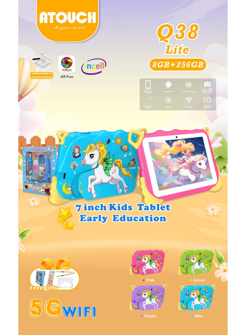 ATOUCH 7-inch Kids Tablet Early Education Q38 Lite – 5G Wi-Fi Android 8GB RAM 256GB ROM Incell Touch Screen Built-in Stand & Stationery Set Pink  - Image 4