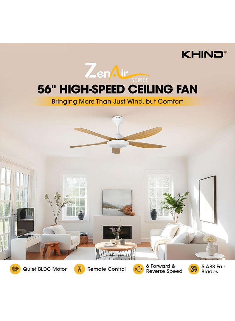 KHIND Zen Air Ceiling Fan 56 Inch Ceiling Fan with Remote Control, Quiet BLDC Motor, Modern 5 ABS Blades, 6 Forward & Reverse Speed Settings, High Airflow 38 W CF56DC2R Mocha  - Image 2