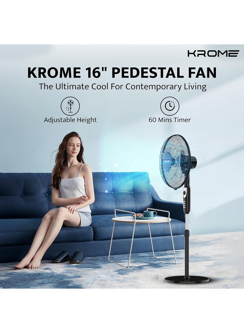 كروم 16" Pedestal Fan | High-Speed Copper Motor | 5-Blade Design for Powerful Airflow | 3 Speed Levels & 60-Min Timer | Adjustable Height & Easy Control Panel 70 W KR-PF16WT Black  - Image 2