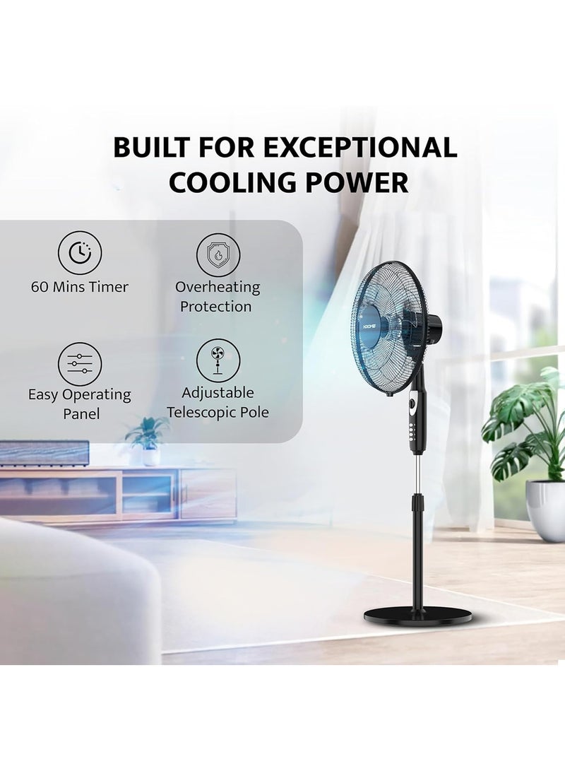 كروم - 16" Pedestal Fan | High-Speed Copper Motor | 5-Blade Design for Powerful Airflow | 3 Speed Levels & 60-Min Timer | Adjustable Height & Easy Control Panel 70 W KR-PF16WT Black - Image 1