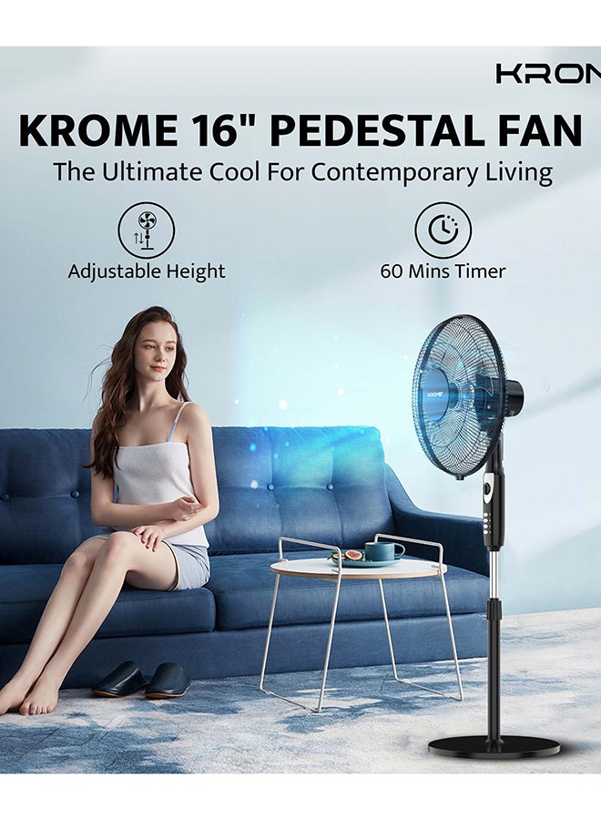 Krome 16" Pedestal Fan | High-Speed Copper Motor | 5-Blade Design for Powerful Airflow | 3 Speed Levels & 60-Min Timer | Adjustable Height & Easy Control Panel 70 W KR-PF16WT Black - Image 2