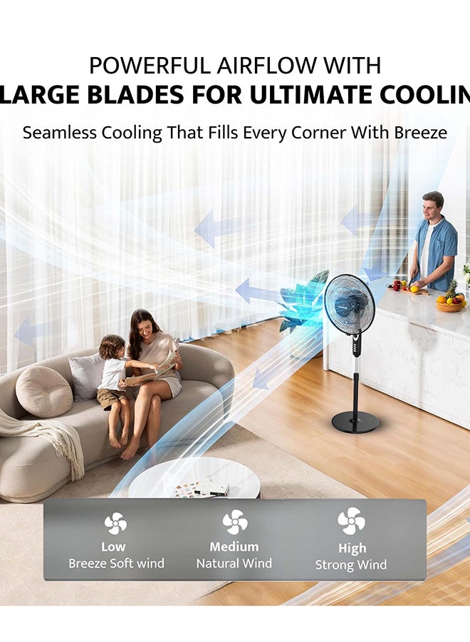 Krome 16" Pedestal Fan | High-Speed Copper Motor | 5-Blade Design for Powerful Airflow | 3 Speed Levels & 60-Min Timer | Adjustable Height & Easy Control Panel 70 W KR-PF16WT Black - Image 4