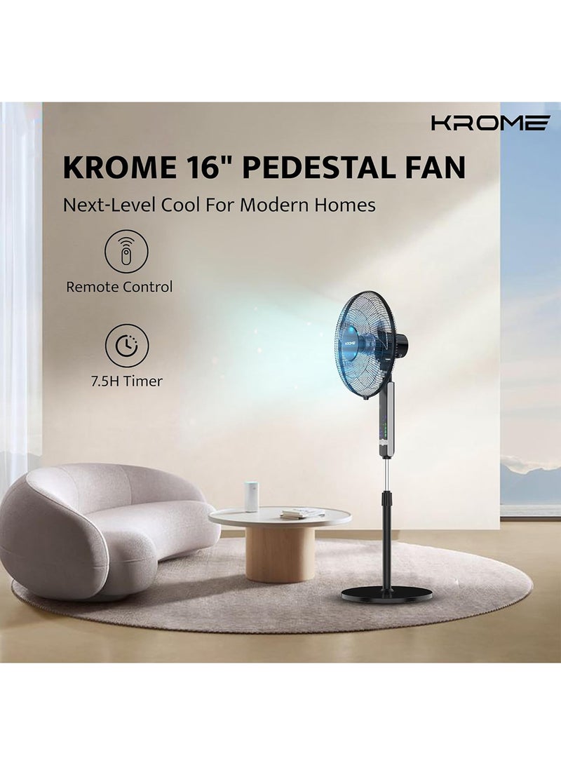 كروم 16" Pedestal Fan with Remote Control | High-Speed Copper Motor | 7.5-Hour Timer | 3 Speed Settings | 5-Blade Design for Powerful Airflow | Adjustable Height & Easy Control Panel 70 W KR-PF 16WRC Black  - Image 2