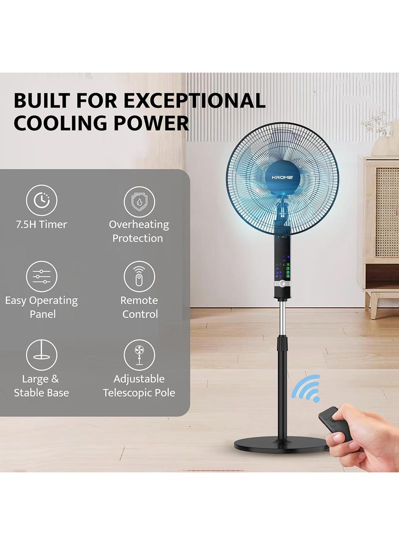 كروم 16" Pedestal Fan with Remote Control | High-Speed Copper Motor | 7.5-Hour Timer | 3 Speed Settings | 5-Blade Design for Powerful Airflow | Adjustable Height & Easy Control Panel 70 W KR-PF 16WRC Black  - Image 3