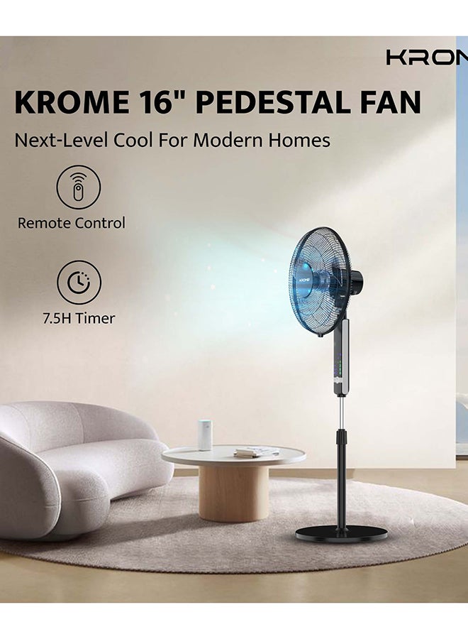Krome 16" Pedestal Fan with Remote Control | High-Speed Copper Motor | 7.5-Hour Timer | 3 Speed Settings | 5-Blade Design for Powerful Airflow | Adjustable Height & Easy Control Panel 70 W KR-PF 16WRC Black - Image 2