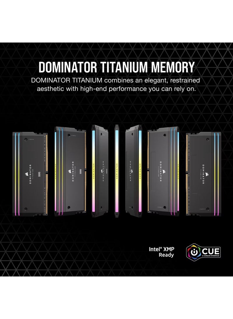 CORSAIR - DOMINATOR TITANIUM RGB 64GB (2x32GB) DDR5 Memory Kit, 6600MT/s, CL32, XMP 3.0, Aluminum Heat Spreader, RGB Lighting, Intel 700/800 Series Compatible, UDIMM, 288-Pin, 1.4V Tested Voltage, 4800MHz SPD Speed, 40-40-40-77 SPD Latency, CMP64GX5M2X6600C32 64 GB - Image 1