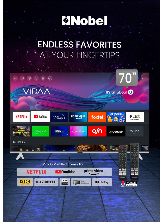 Nobel 70” 4K UHD VIDAA Smart TV | Ultra HD DLED Display | Built-in Netflix, YouTube & Prime Video | Voice Control & Bluetooth | Dual-Band Wi-Fi | 3 HDMI & 2 USB Ports | Dolby Audio for Cinematic Sound UHD70VID Black  - Image 1