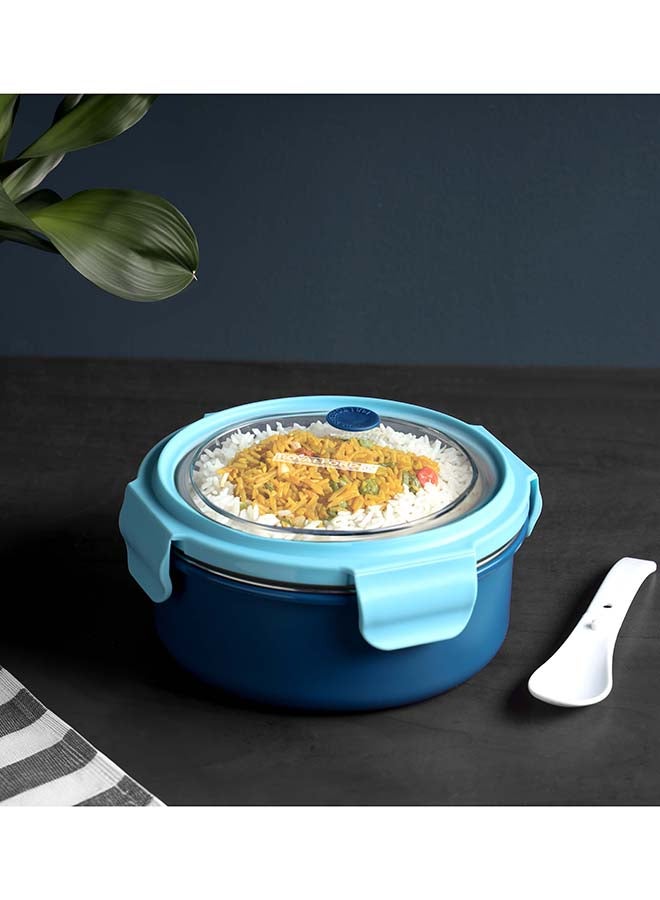 رويال فورد - 700ml Lunch Box - RF12592, Stainless steel inner, plastic body, round tiffin with lid and 4 side locks. Food-grade, BPA-free, airtight, leak-proof. Compact, portable. Light/Dark Blue 242grams - Image 1