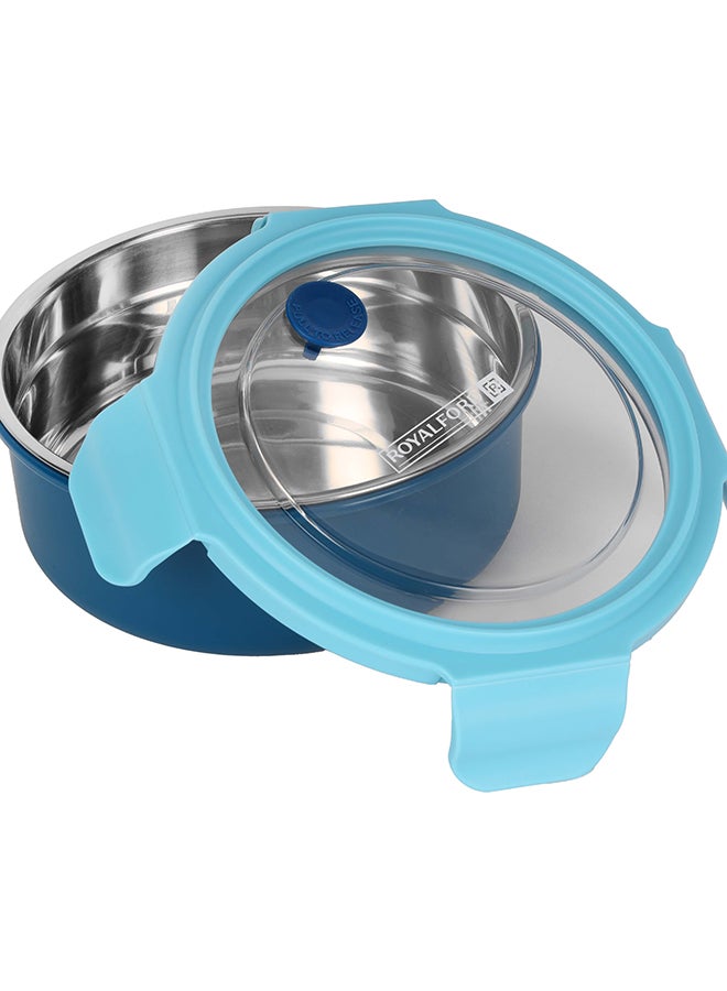 رويال فورد - 700ml Lunch Box - RF12592, Stainless steel inner, plastic body, round tiffin with lid and 4 side locks. Food-grade, BPA-free, airtight, leak-proof. Compact, portable. Light/Dark Blue 242grams - Image 1