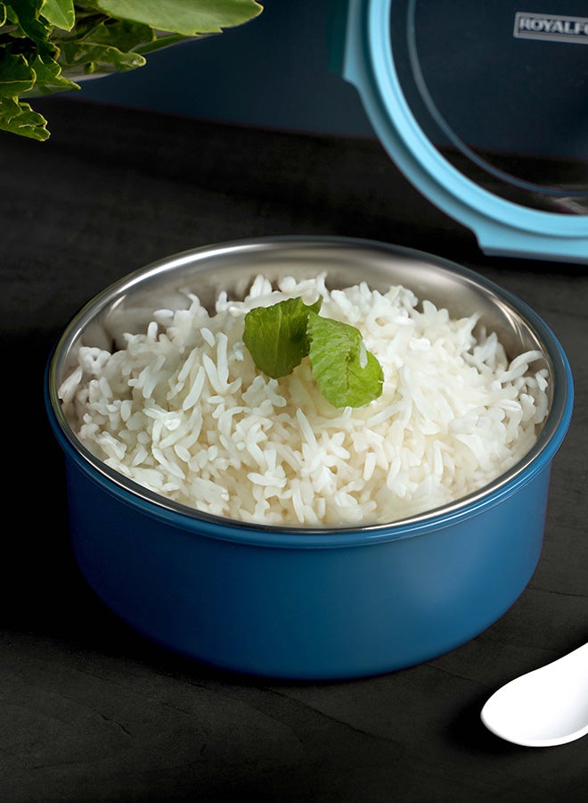 رويال فورد - 700ml Lunch Box - RF12592, Stainless steel inner, plastic body, round tiffin with lid and 4 side locks. Food-grade, BPA-free, airtight, leak-proof. Compact, portable. Light/Dark Blue 242grams - Image 1