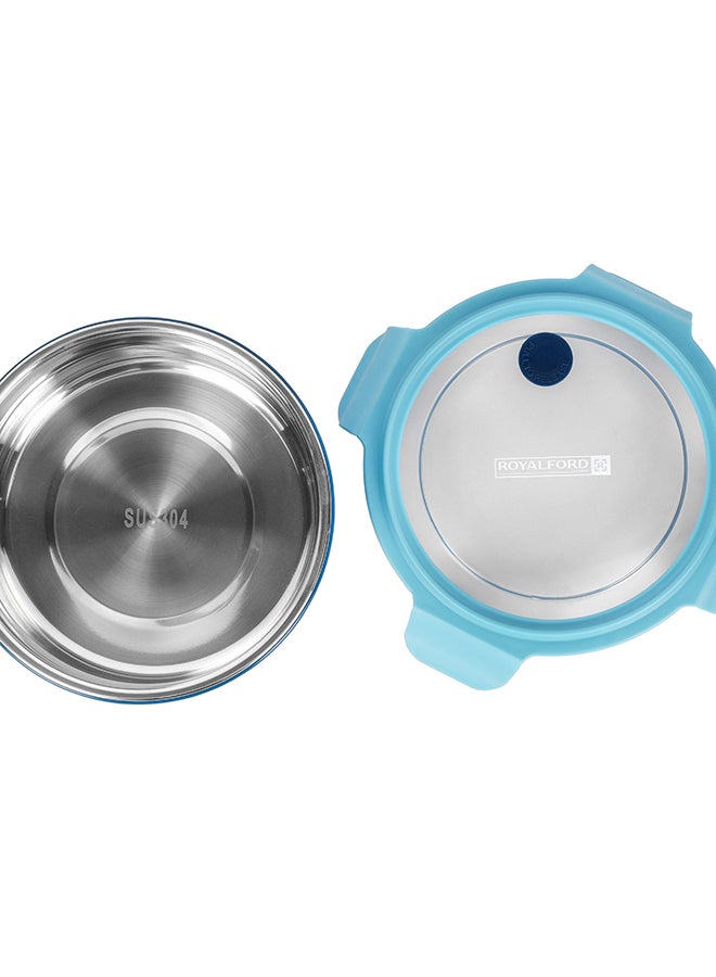 رويال فورد - 700ml Lunch Box - RF12592, Stainless steel inner, plastic body, round tiffin with lid and 4 side locks. Food-grade, BPA-free, airtight, leak-proof. Compact, portable. Light/Dark Blue 242grams - Image 1