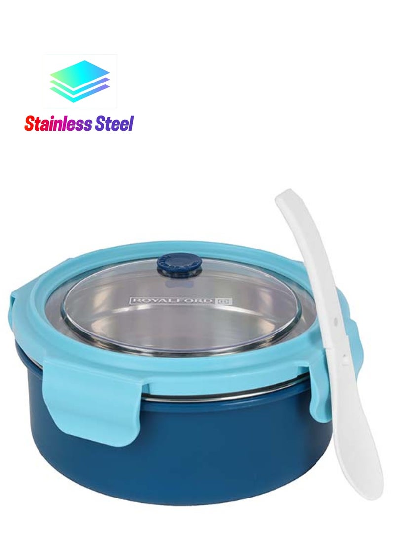 رويال فورد - 700ml Lunch Box - RF12592, Stainless steel inner, plastic body, round tiffin with lid and 4 side locks. Food-grade, BPA-free, airtight, leak-proof. Compact, portable. Light/Dark Blue 242grams - Image 1