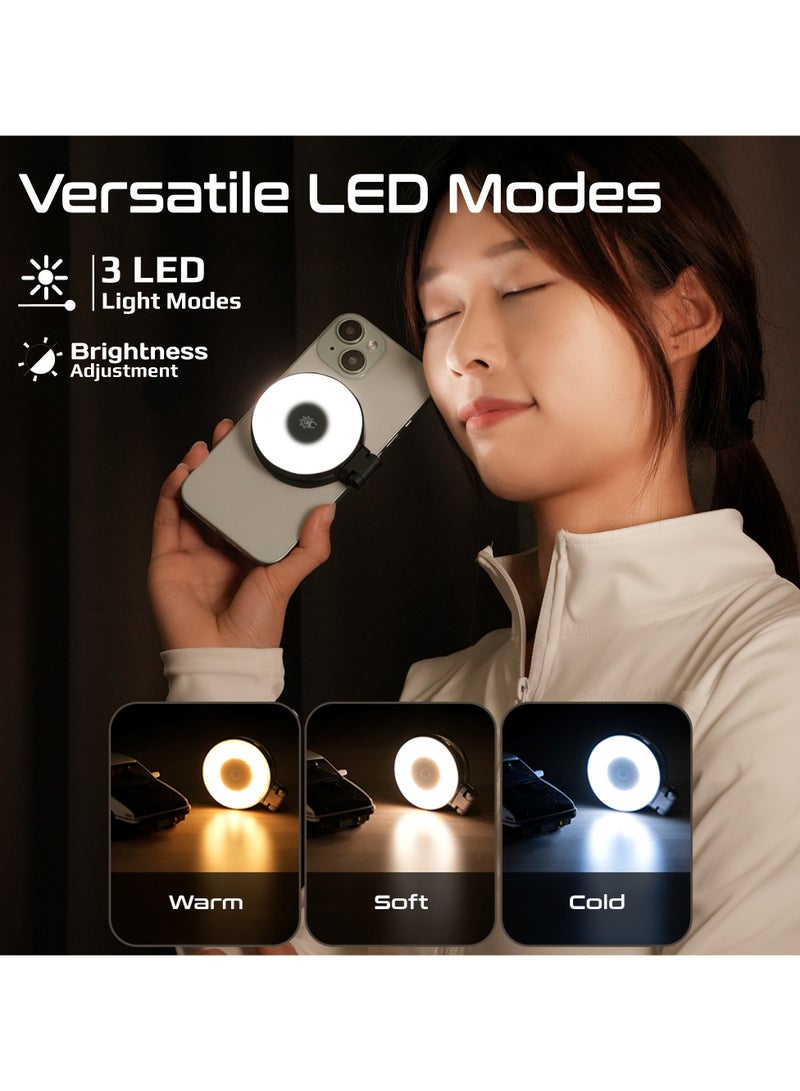 PROMATE Ultra-Slim LED Selfie Light with MagSafe Compatibility, 3 Light Modes, Adjustable Brightness, Built-In Mirror, 360° Rotation, Ring Design, Extendable Rod for phones, Selfie Sticks, MagHalo-Pro Black  - Image 1