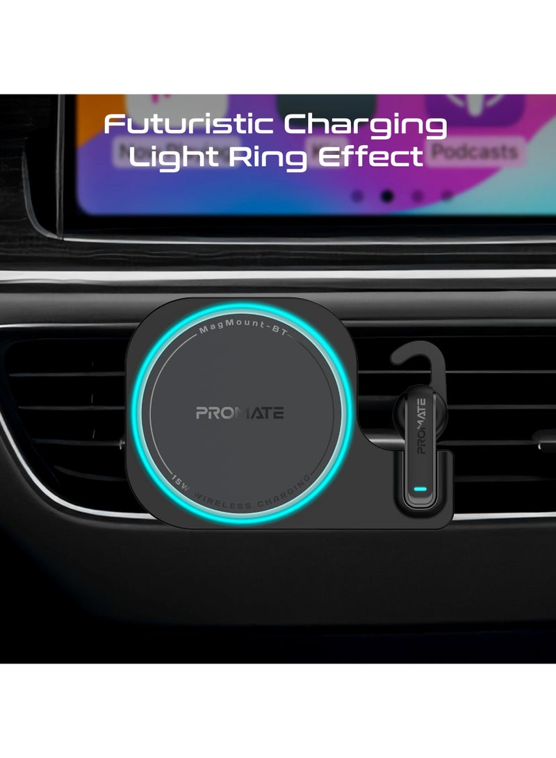 PROMATE - 2-in-1 MagSafe-Compatible 15W Wireless Charging Car Mount with Built-In ENC Mono Headset, One-Touch Earbud, Long-lasting, Charging Light Ring Effect and 360° Rotation, MagMount-BT Black - Image 1