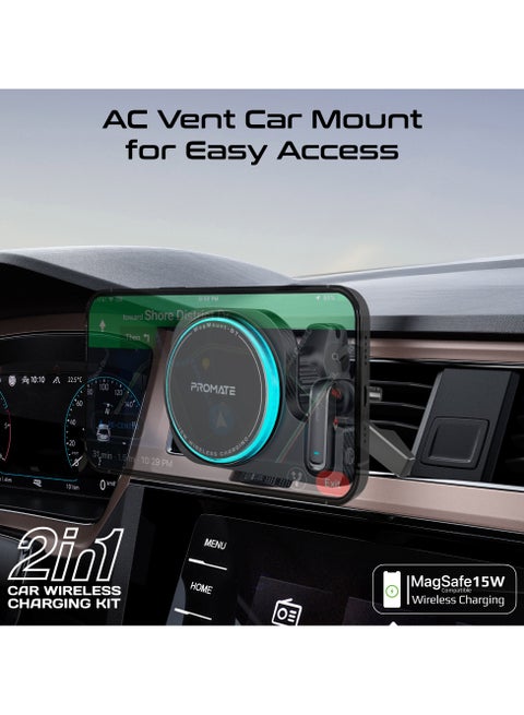 2-in-1 MagSafe-Compatible 15W Wireless Charging Car Mount with Built-In ENC Mono Headset, One-Touch Earbud, Long-lasting, Charging Light Ring Effect and 360° Rotation, MagMount-BT Black