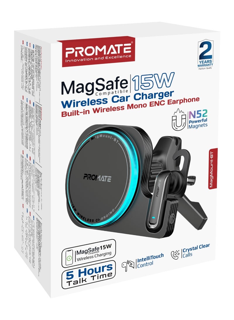 PROMATE - 2-in-1 MagSafe-Compatible 15W Wireless Charging Car Mount with Built-In ENC Mono Headset, One-Touch Earbud, Long-lasting, Charging Light Ring Effect and 360° Rotation, MagMount-BT Black - Image 1