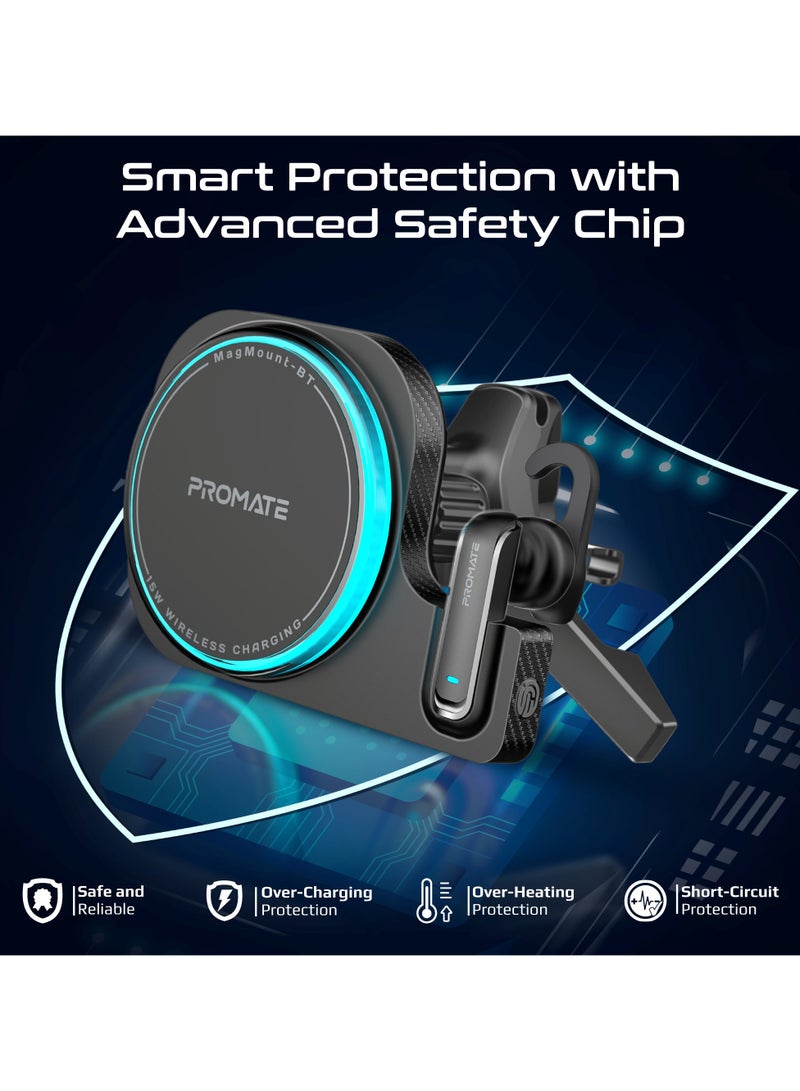 PROMATE - 2-in-1 MagSafe-Compatible 15W Wireless Charging Car Mount with Built-In ENC Mono Headset, One-Touch Earbud, Long-lasting, Charging Light Ring Effect and 360° Rotation, MagMount-BT Black - Image 1
