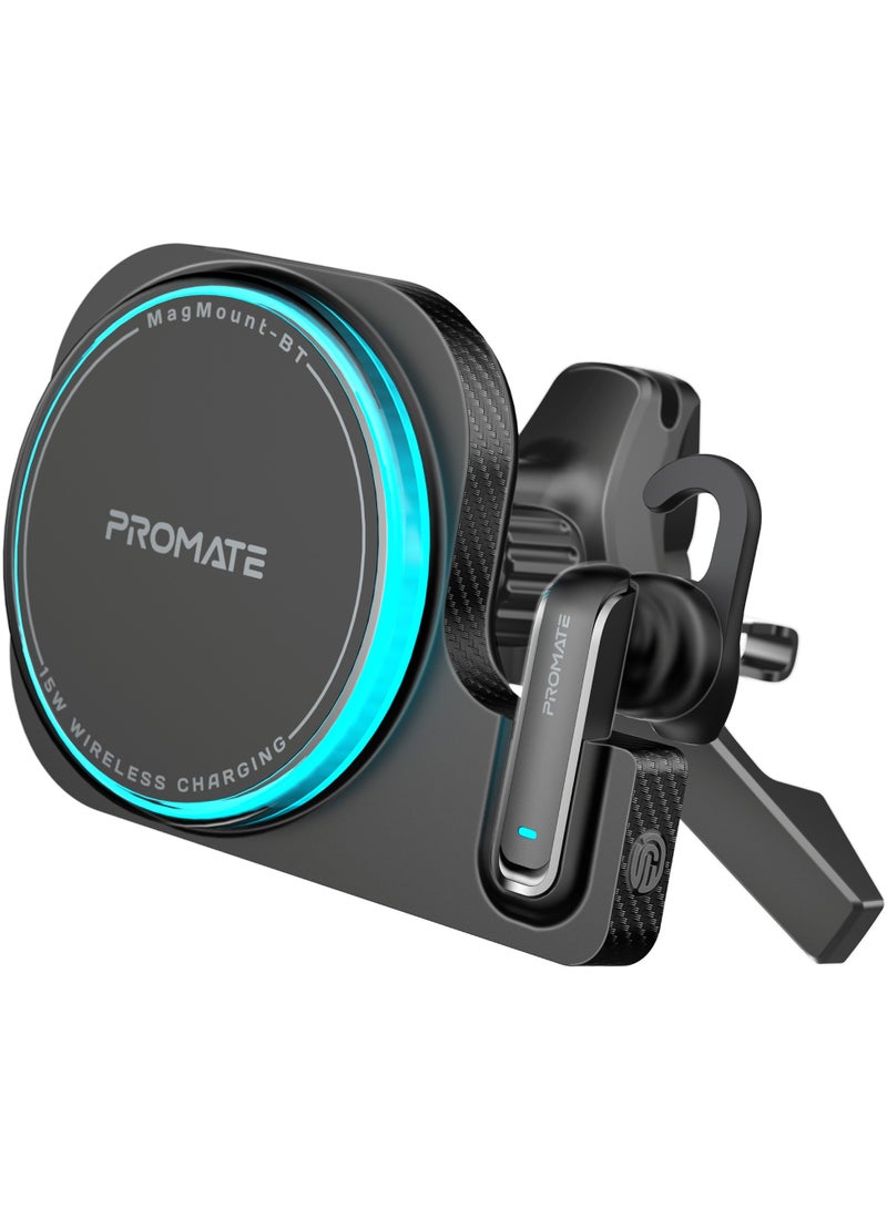 PROMATE - 2-in-1 MagSafe-Compatible 15W Wireless Charging Car Mount with Built-In ENC Mono Headset, One-Touch Earbud, Long-lasting, Charging Light Ring Effect and 360° Rotation, MagMount-BT Black - Image 1