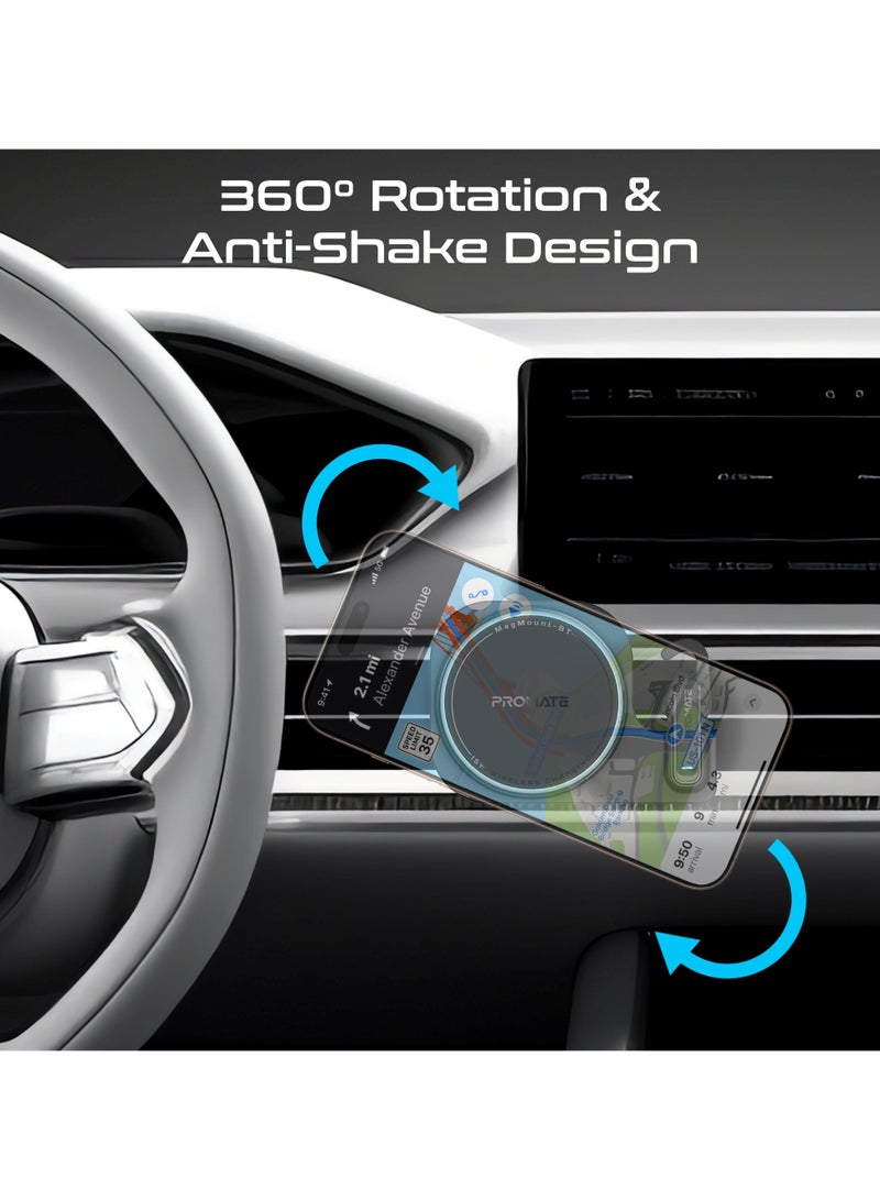 PROMATE - 2-in-1 MagSafe-Compatible 15W Wireless Charging Car Mount with Built-In ENC Mono Headset, One-Touch Earbud, Long-lasting, Charging Light Ring Effect and 360° Rotation, MagMount-BT Black - Image 1