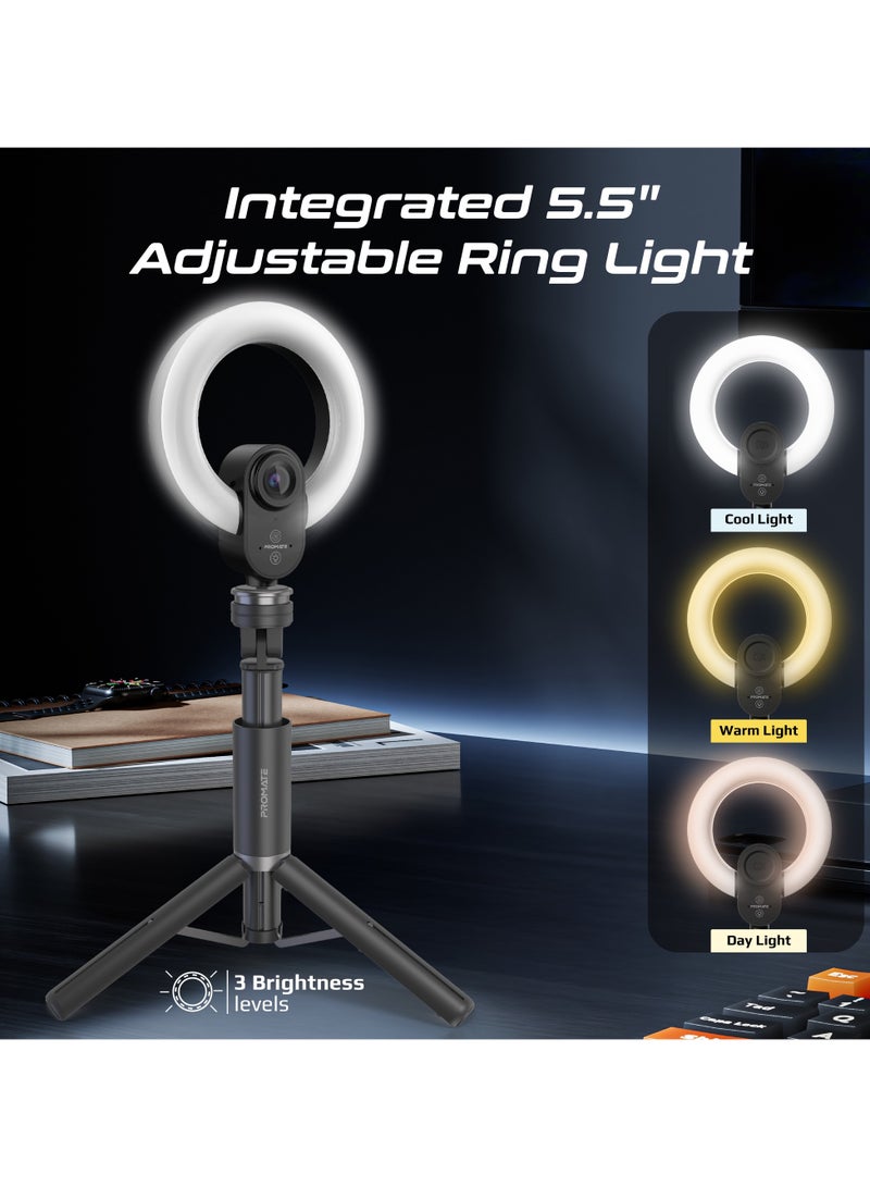PROMATE 2K Ultra HD Webcam with 5.0 Mega Pixels, Integrated 5.5" Adjustable Ring Light, 90° Wide Angle Autofocus Lens, 1/2.8” SONY Sensor, Dual Built-In Mics, Magnetic Privacy Cover, VistaCam Black  - Image 4