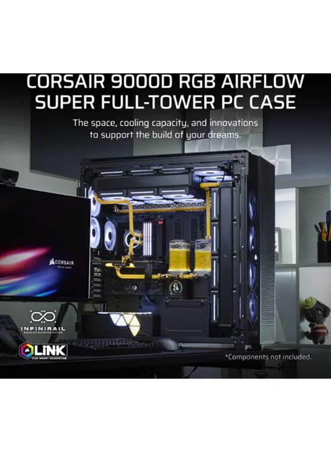 CORSAIR - 9000D RGB AIRFLOW Super Full-Tower PC Case, Steel & Tempered Glass, Supports Mini-ITX to E-ATX, 18x 120mm Fans, 480mm Radiator, InfiniRail Mounting, iCUE LINK Hub, 6x SSD, 5x HDD, 8 Expansion Slots, 580mm GPU, 180mm CPU Cooler, 225mm PSU, Vertical Mount, Dust Filters, USB 3.2, Tempered Glass Panel, 76mm Cable Space, No Fans Included | CC-9011273-WW Black - Image 1