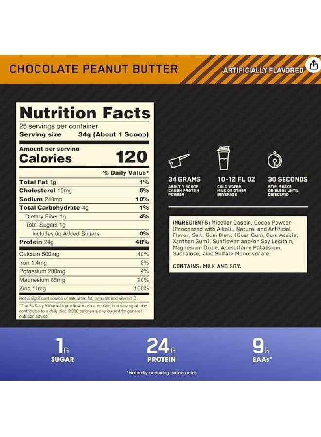 Optimum Nutrition Gold Standard 100% Micellar Casein Protein Powder, 24 Grams of Protein, Slow Digesting, Helps Keep You Full, Overnight Muscle Recovery - Chocolate Penaut butter, 1.87 Lbs, 25 Servings (850 G) - Image 2