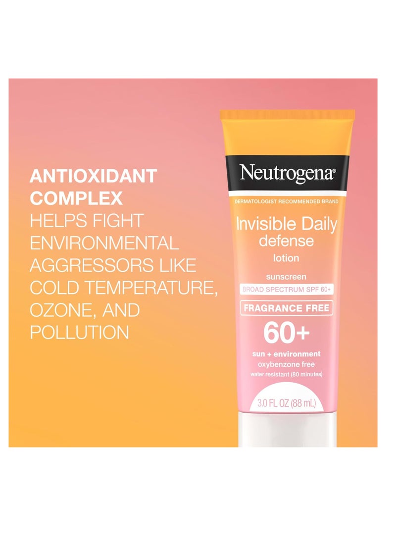نيوتروجينا Invisible Daily Defense Fragrance-Free Sunscreen Lotion, Broad Spectrum SPF 60+, Oxybenzone-Free & Water-Resistant, Sun & Environmental Aggressor Protection 3.0 fl ozFluid Ounce - Image 2