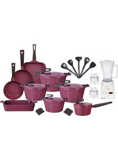 PYREX Granite Artisan Set 23 Cookware With Mienta Blender As A Gift 20-24-26-30 cm-Burgandy Burgandy 20-24-26-30cm  - Image 1