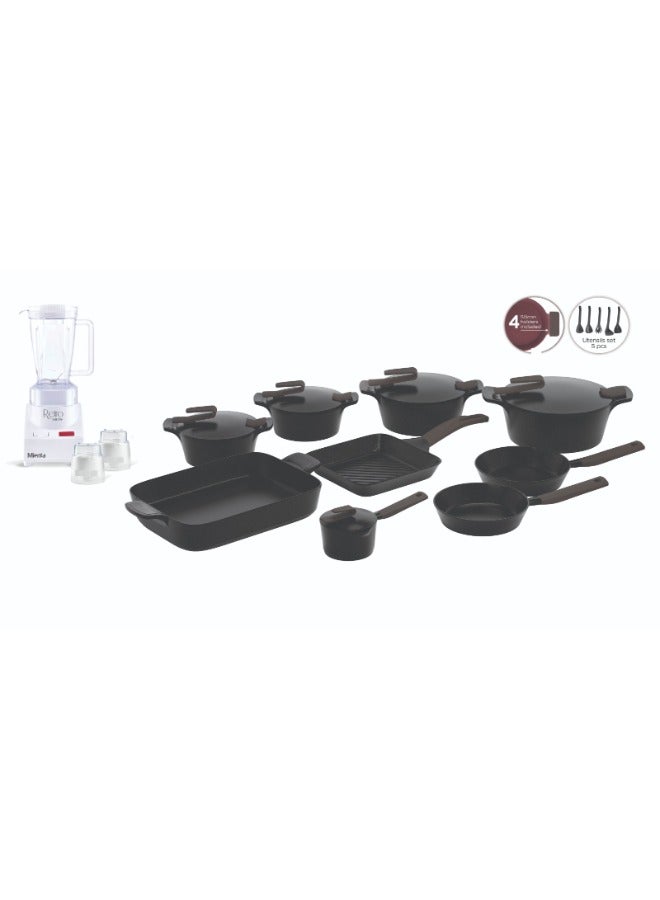 PYREX Granite Artisan Set 23 Cookware With Mixer Mienta Blender As A Gift 20-24-26-30 cm-Black Black 20-24-26-30cm 