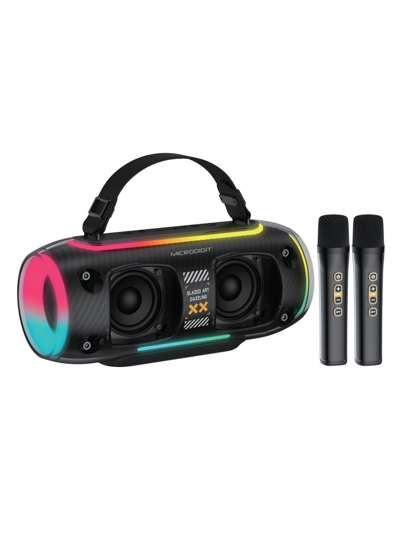 ميكرو ديجيت سماعة بلوتوث لاسلكية مميزة بقوة 30 واط مع ميكروفون لاسلكي مزدوج سماعة كاريوكي محمولة مع ضوء RGB LED MD677PS - Image 1