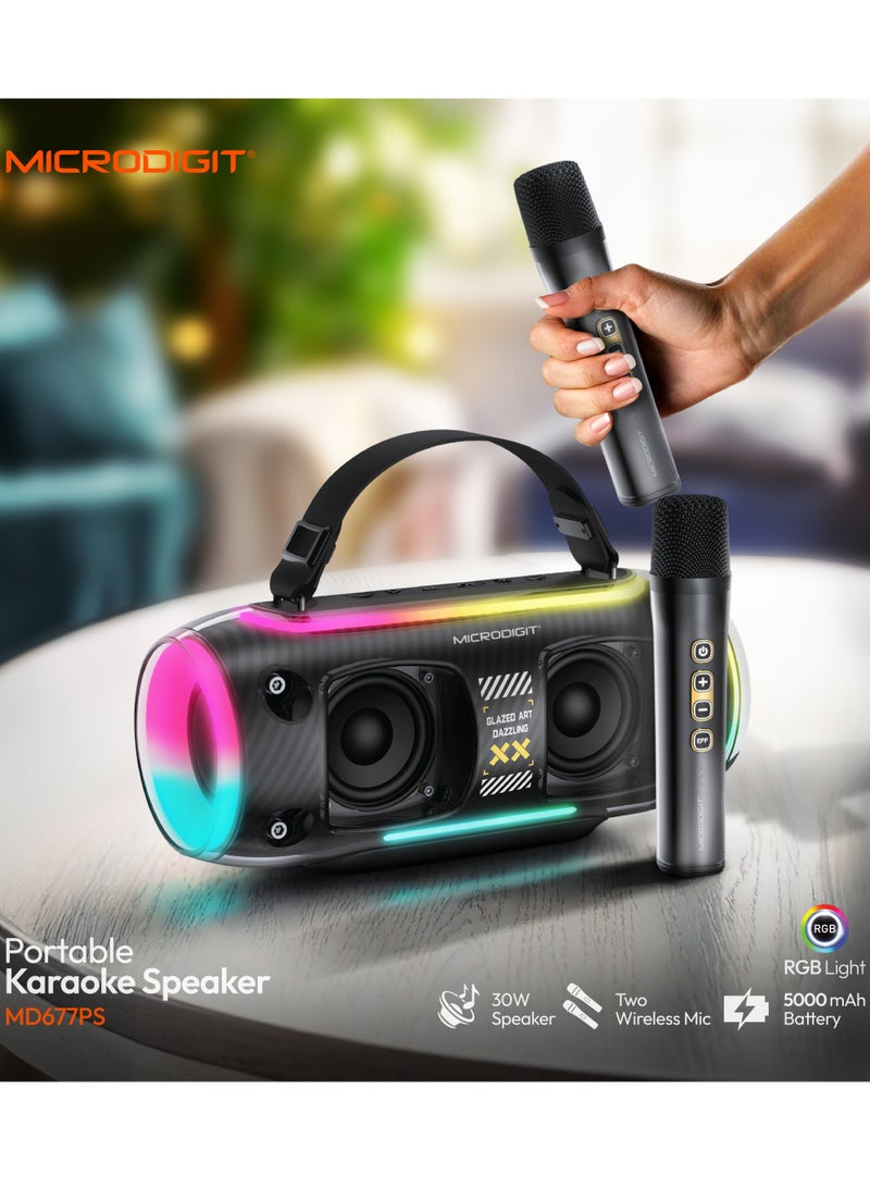 ميكرو ديجيت سماعة بلوتوث لاسلكية مميزة بقوة 30 واط مع ميكروفون لاسلكي مزدوج سماعة كاريوكي محمولة مع ضوء RGB LED MD677PS - Image 4