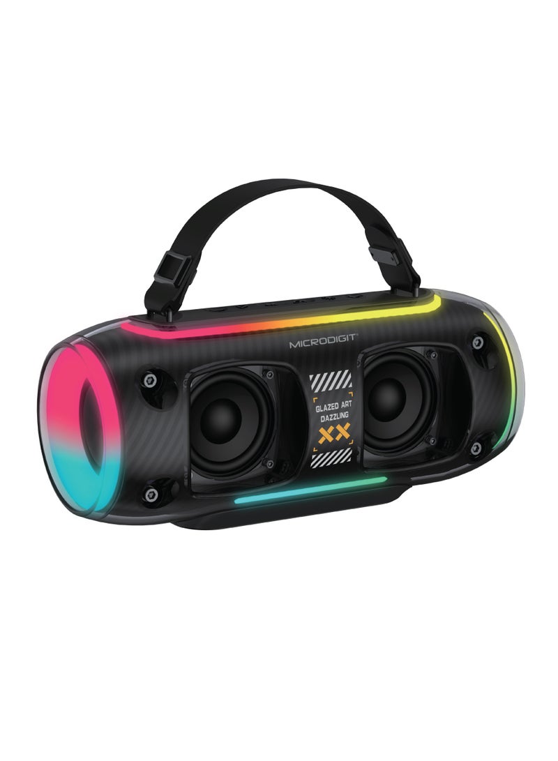 ميكرو ديجيت سماعة بلوتوث لاسلكية مميزة بقوة 30 واط مع ميكروفون لاسلكي مزدوج سماعة كاريوكي محمولة مع ضوء RGB LED MD677PS - Image 2