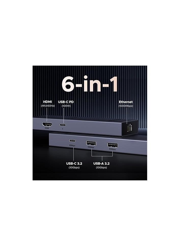 Revodok 6 in 1 USB C Hub Gigabit Ethernet Adapter with 4K 60Hz HDMI, 100W PD Charging, 10Gbps USB A&C 3.2 Data Ports Compatible with Mac M1, M2, M3, iPad, iPhone 15 Pro/Pro Max, Steam Deck Grey