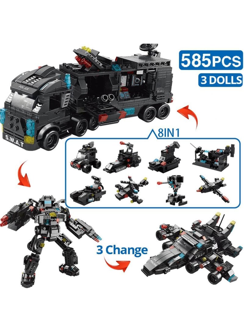 Rock Pow City Police Station Building Kit, Building Block Robot 27 in1 SWAT Police Command Truck Building Kit for Kids City Helicopter Bricks Kit Educational Toys for Boy 6-12 Years Old 585PCS  - Image 2