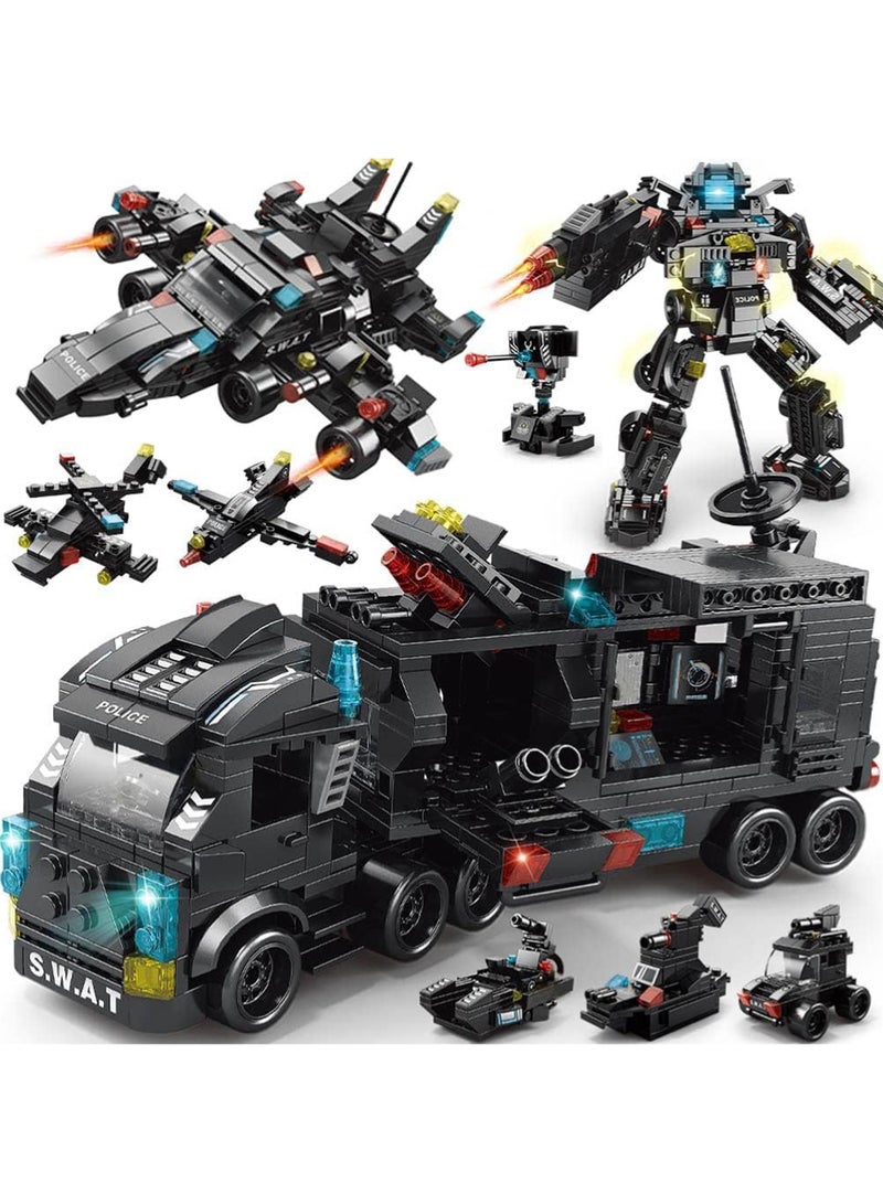 Rock Pow City Police Station Building Kit, Building Block Robot 27 in1 SWAT Police Command Truck Building Kit for Kids City Helicopter Bricks Kit Educational Toys for Boy 6-12 Years Old 585PCS  - Image 1