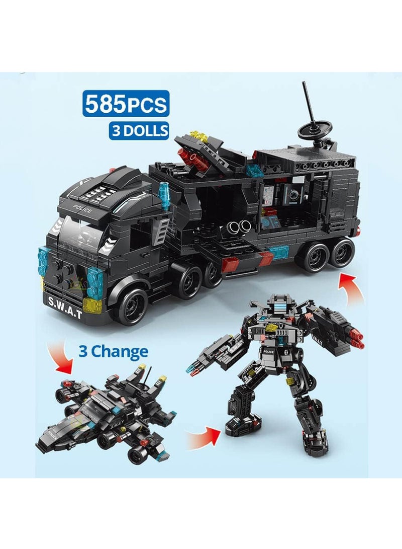 Rock Pow City Police Station Building Kit, Building Block Robot 27 in1 SWAT Police Command Truck Building Kit for Kids City Helicopter Bricks Kit Educational Toys for Boy 6-12 Years Old 585PCS  - Image 3