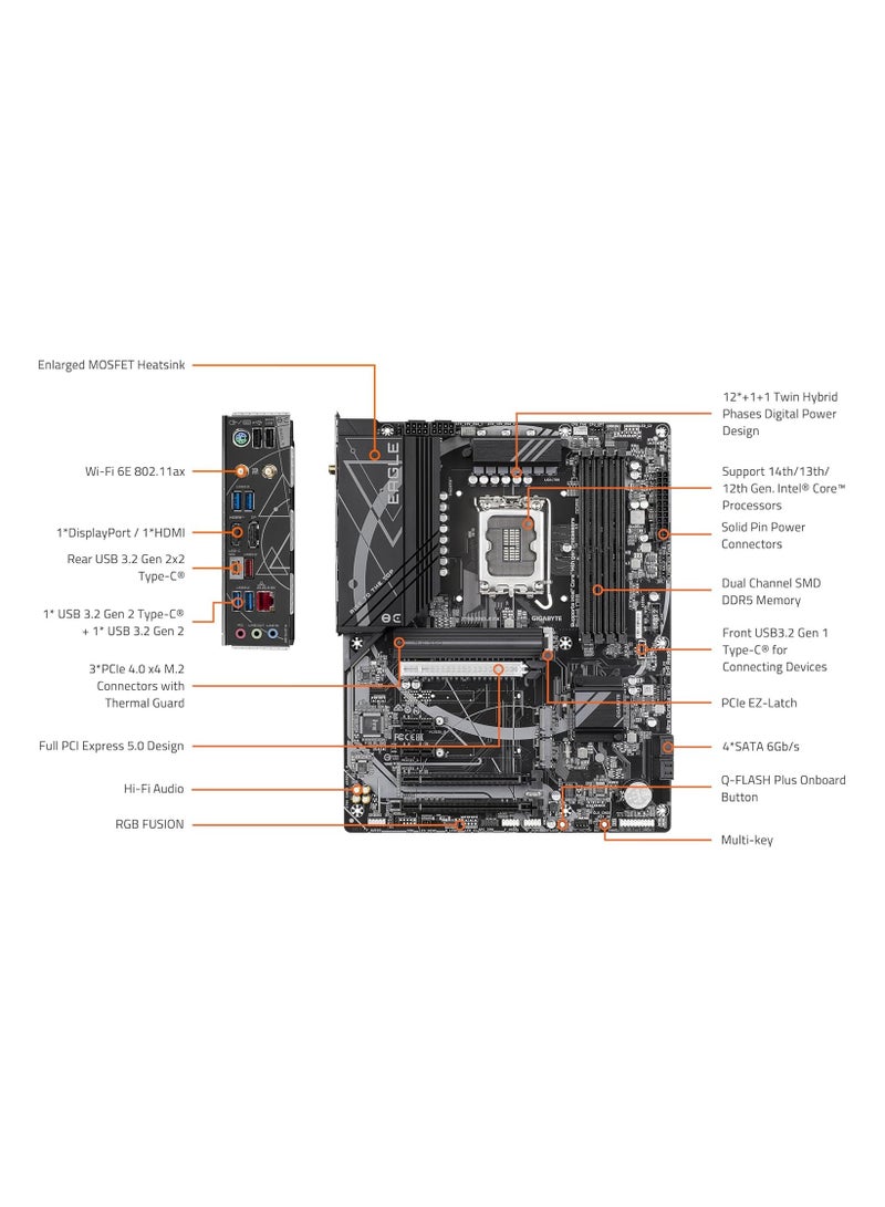 GIGABYTE Z790 Eagle AX LGA 1700 Intel Z790 ATX Motherboard with DDR5, M.2, PCIe 5.0, USB 3.2 Gen2X2 Type-C, Intel Wi-Fi 6E, 2.5GbE LAN, Q-Flash Plus, EZ-Latch 