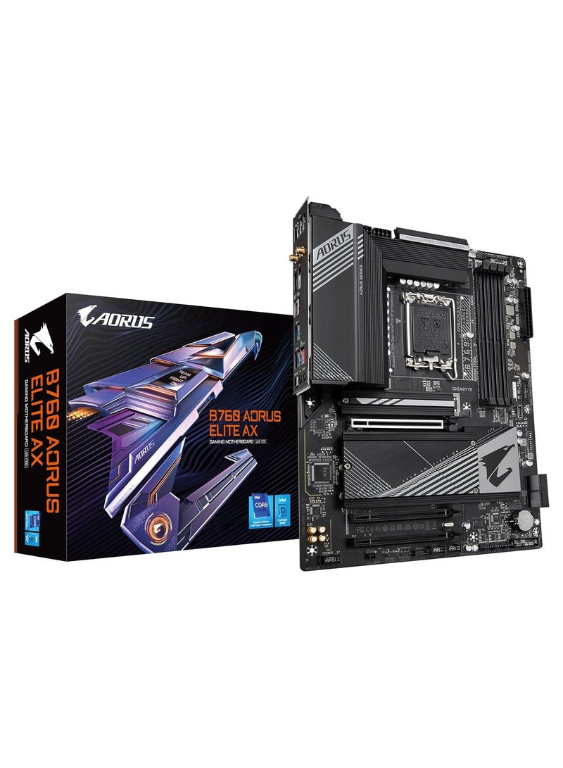 جيجابايت - B760 AORUS Elite AX (LGA 1700/ Intel/ B760/ ATX/ DDR5/ Triple M.2/ PCIe 4.0/ USB 3.2 Gen2X2 Type-C/WiFi 6E/ 2.5GbE LAN/Q-Flash Plus/PCIe EZ-Latch/Gaming Motherboard) - Image 1