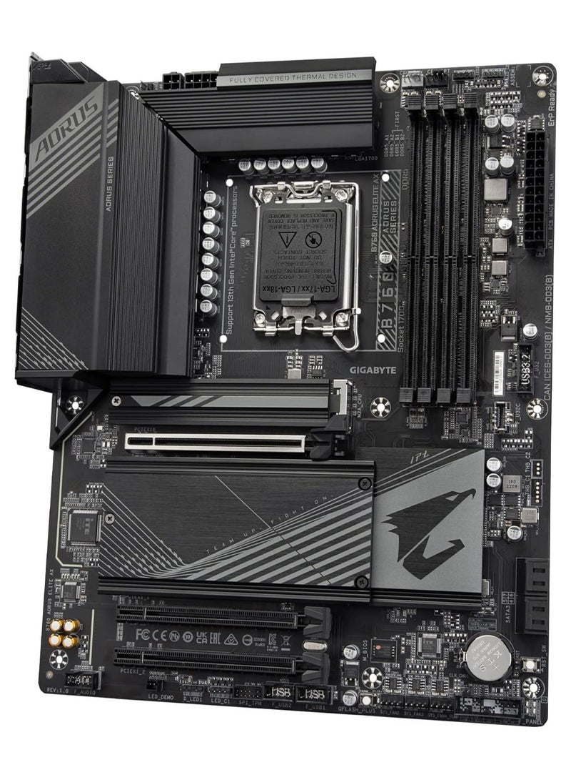 جيجابايت - B760 AORUS Elite AX (LGA 1700/ Intel/ B760/ ATX/ DDR5/ Triple M.2/ PCIe 4.0/ USB 3.2 Gen2X2 Type-C/WiFi 6E/ 2.5GbE LAN/Q-Flash Plus/PCIe EZ-Latch/Gaming Motherboard) - Image 1