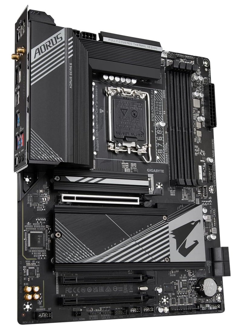 جيجابايت - B760 AORUS Elite AX (LGA 1700/ Intel/ B760/ ATX/ DDR5/ Triple M.2/ PCIe 4.0/ USB 3.2 Gen2X2 Type-C/WiFi 6E/ 2.5GbE LAN/Q-Flash Plus/PCIe EZ-Latch/Gaming Motherboard) - Image 1