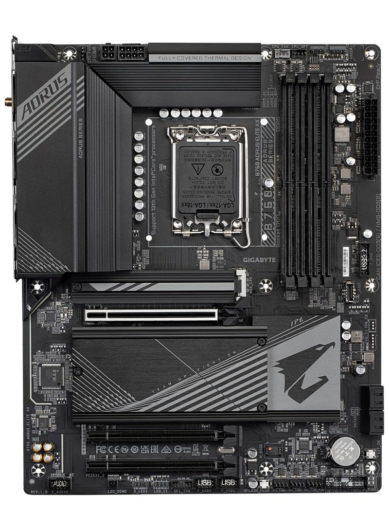 جيجابايت - B760 AORUS Elite AX (LGA 1700/ Intel/ B760/ ATX/ DDR5/ Triple M.2/ PCIe 4.0/ USB 3.2 Gen2X2 Type-C/WiFi 6E/ 2.5GbE LAN/Q-Flash Plus/PCIe EZ-Latch/Gaming Motherboard) - Image 1