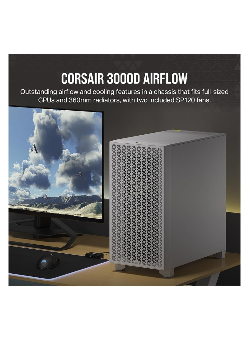 كورسير 3000D Airflow Mid-Tower PC Case - White - 2X SP120 Elite Fans - Four-Slot GPU Support – Fits up to 8X 120mm Fans - High-Airflow Design  - Image 2
